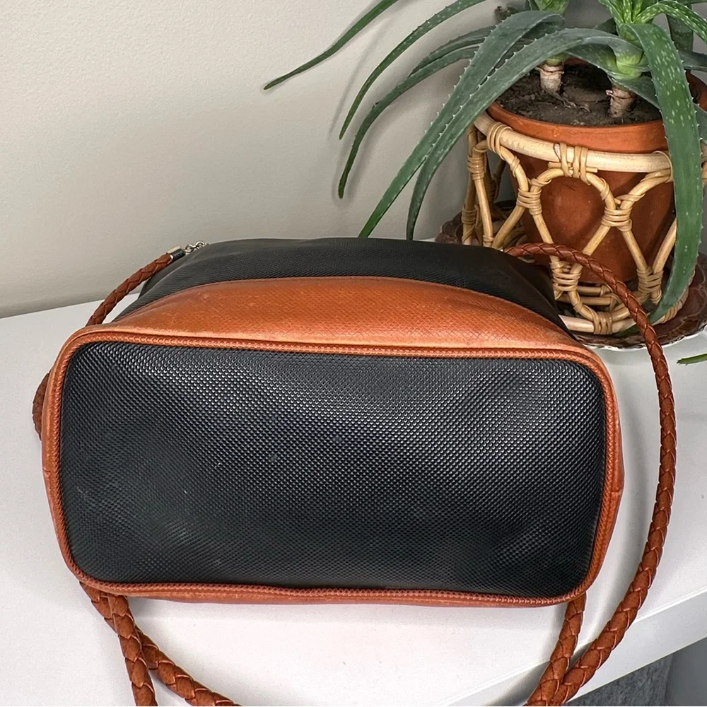 Vintage Bottega Veneta Bucket Bag Black Canvas Cognac Leather Braid Italy Made - Picture 5 of 12